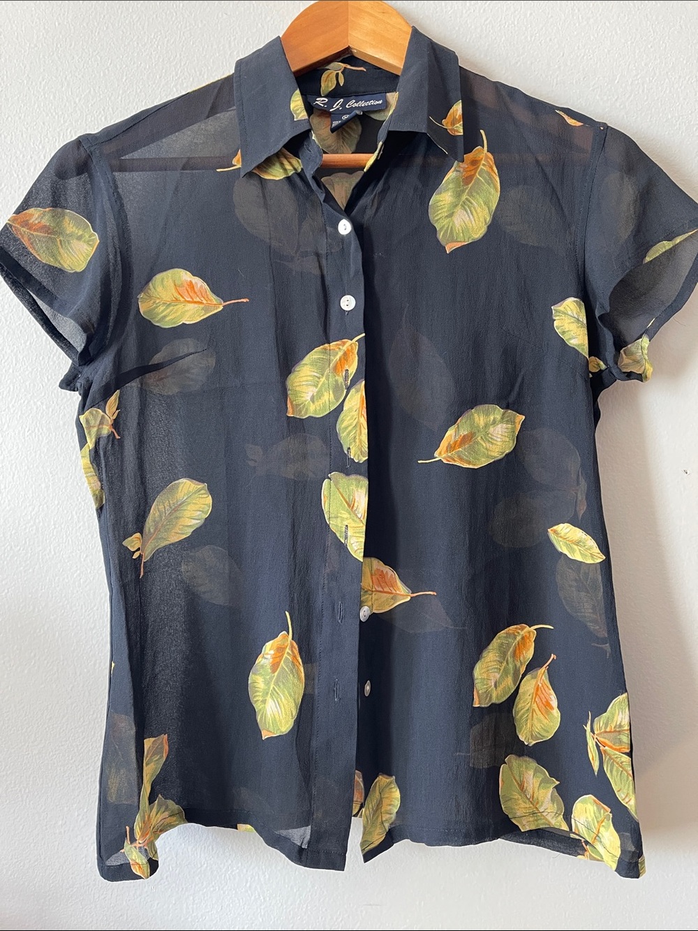 Sheer Silk Black Button-Down Blouse with Yellow-Green Leaf Print